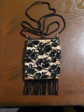 Vintage Beaded Floral Fringe Evening Bag - Gold and Black
